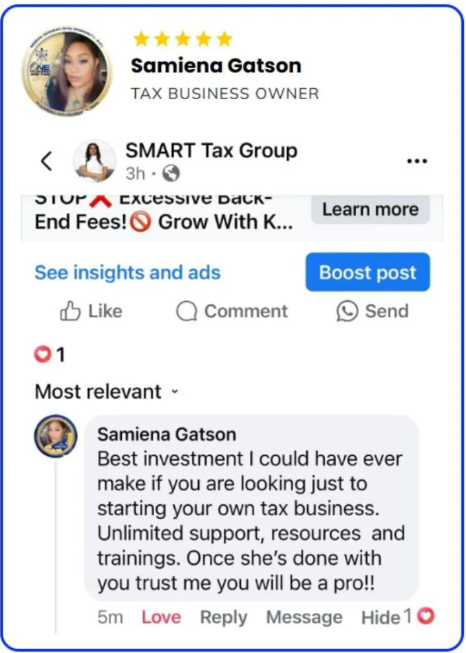 Facebook testimonial from Samiena Gatson