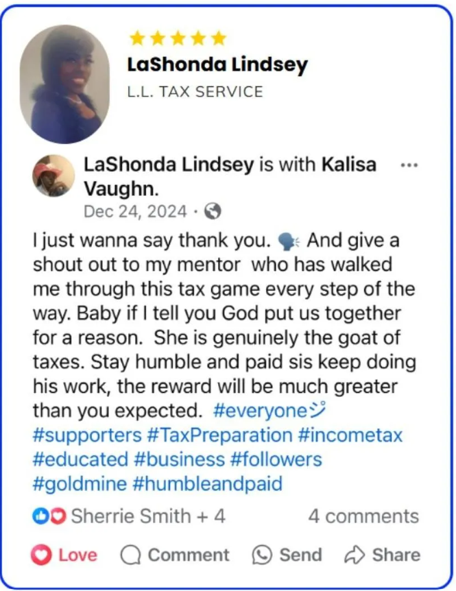 Facebook testimonial from LaShonda Lindsey
