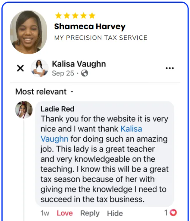 Facebook testimonial from Shameca Harvey